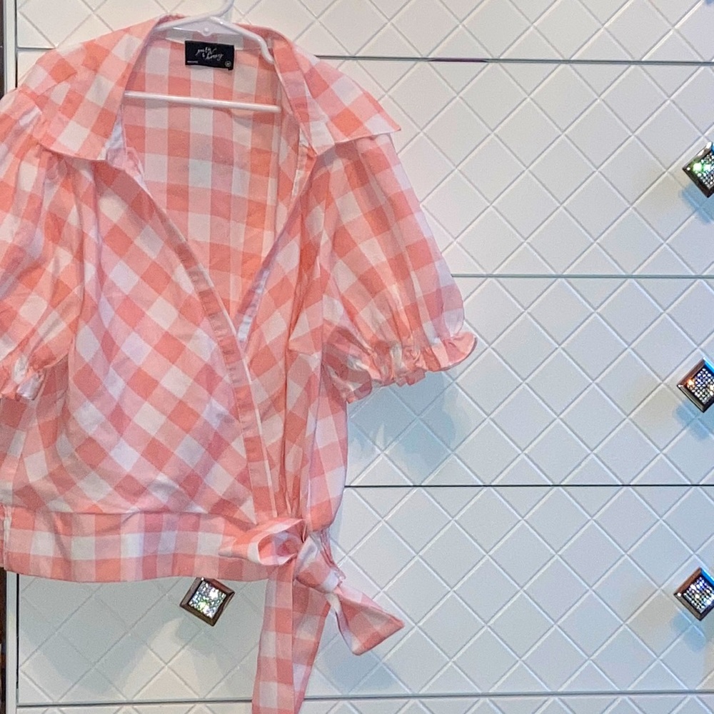Pink and white checkered crop top with a bow